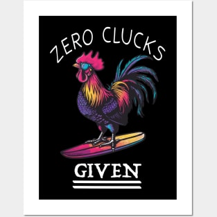 Surfing Rooster - No Clucks Given (with White Lettering) Posters and Art